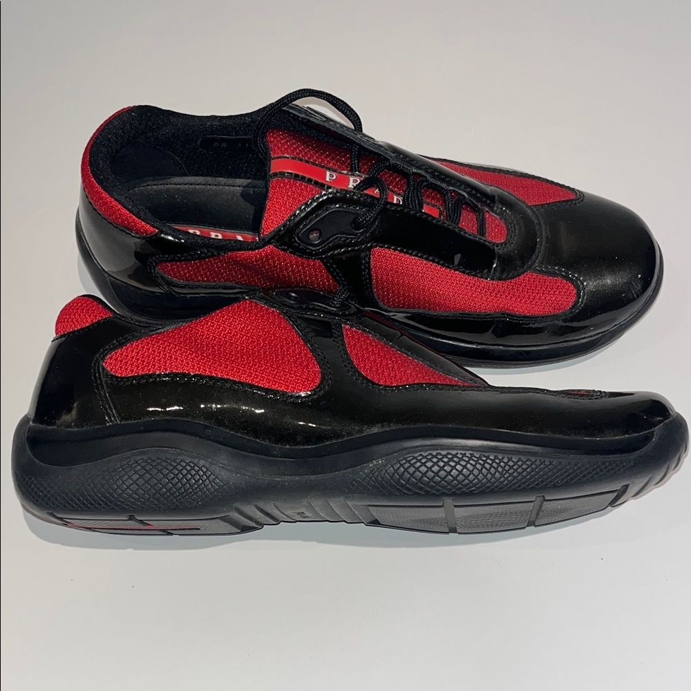 Prada Americas Cup Mesh and Patent Lace-Up Sneakers - Picture 4 of 16